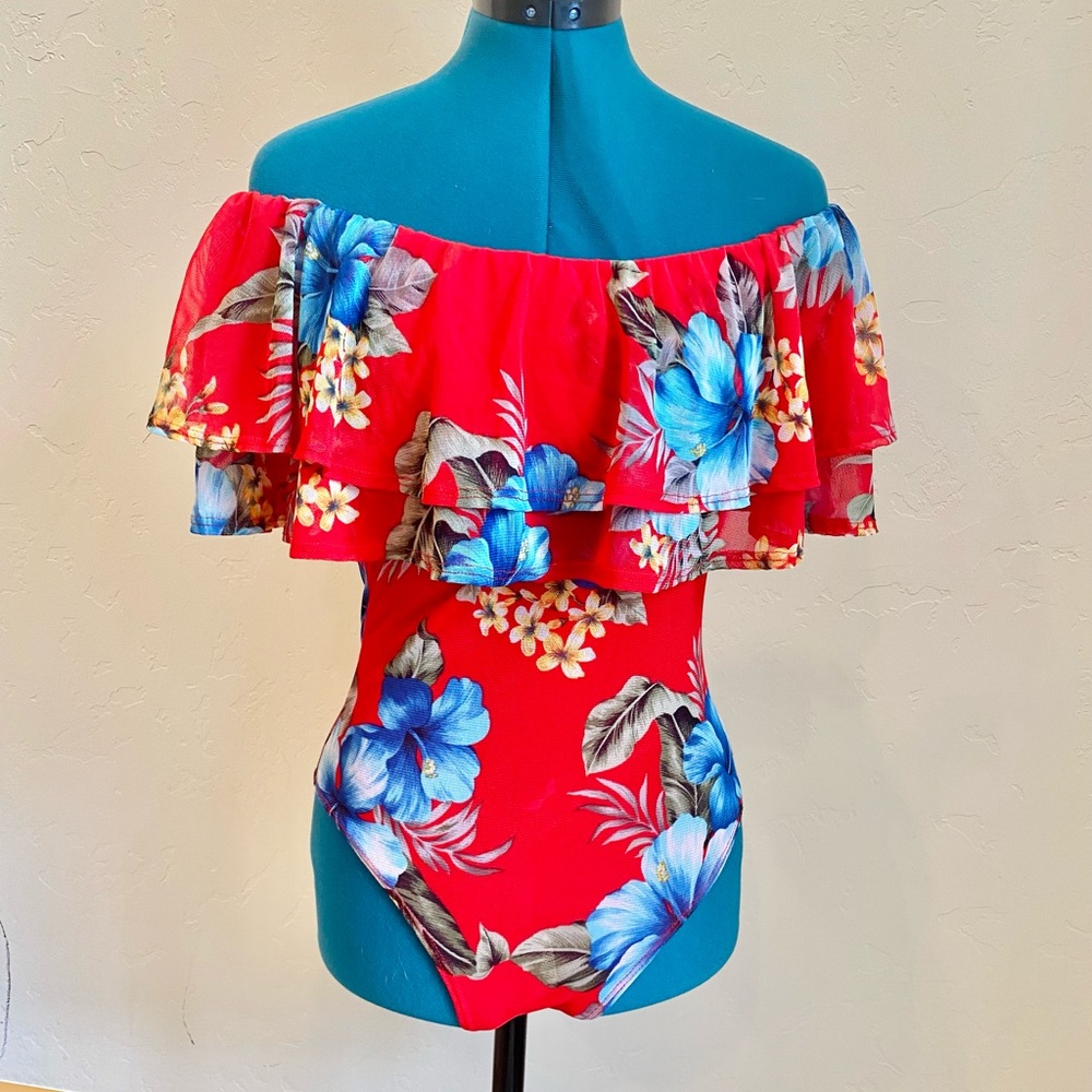 Floral ruffle bodysuit off shoulder tropical red blue flowers top